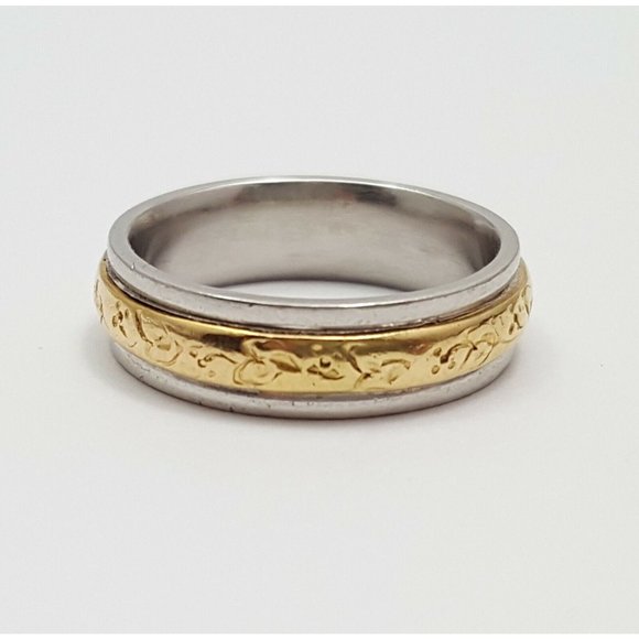 Elegant Solid Platinum & 18K Yellow Gold Designer Wedding Band Ring - Size 8.25 - Picture 6 of 11